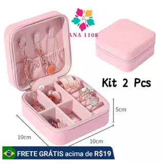 KIT 2 Porta Joia De Bolsa Para Viagem Portátil/caixa de armazenamento/bolsa/anel/colar COR BABY ROSA em Oferta na Shopee