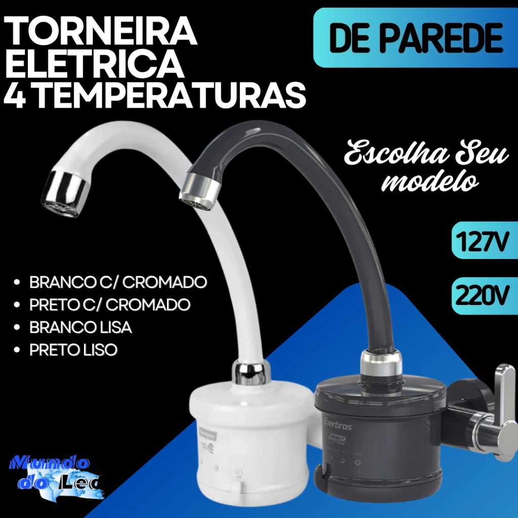 Torneira Elétrica Para Cozinha de Parede 4T Plus Branca Preta Cromado ...