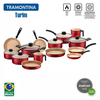 Jogo de Panelas Tramontina Turim Antiaderente 14 peças Vermelha com Assadeiras e Fervedores em Oferta na Shopee