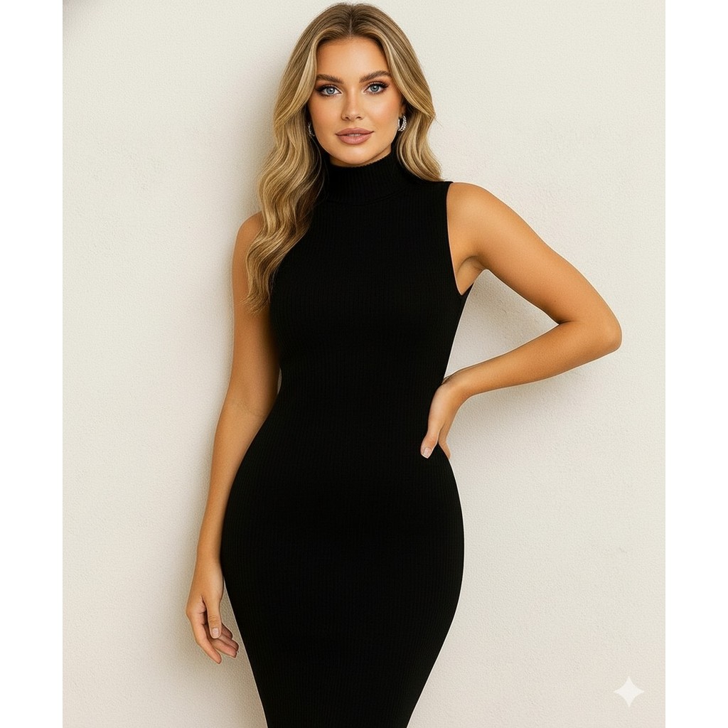 sachin and babi light blue dress Close Fitting Turtleneck Midi Dress