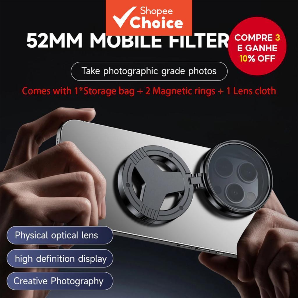  Suporte Magnético 52mm Filtro Polarizador CPL para Lentes de Celular Samsung e Outros Smartphones com Adaptador