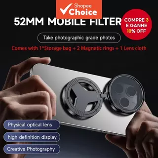  Suporte Magnético 52mm Filtro Polarizador CPL para Lentes de Celular Samsung e Outros Smartphones com Adaptador