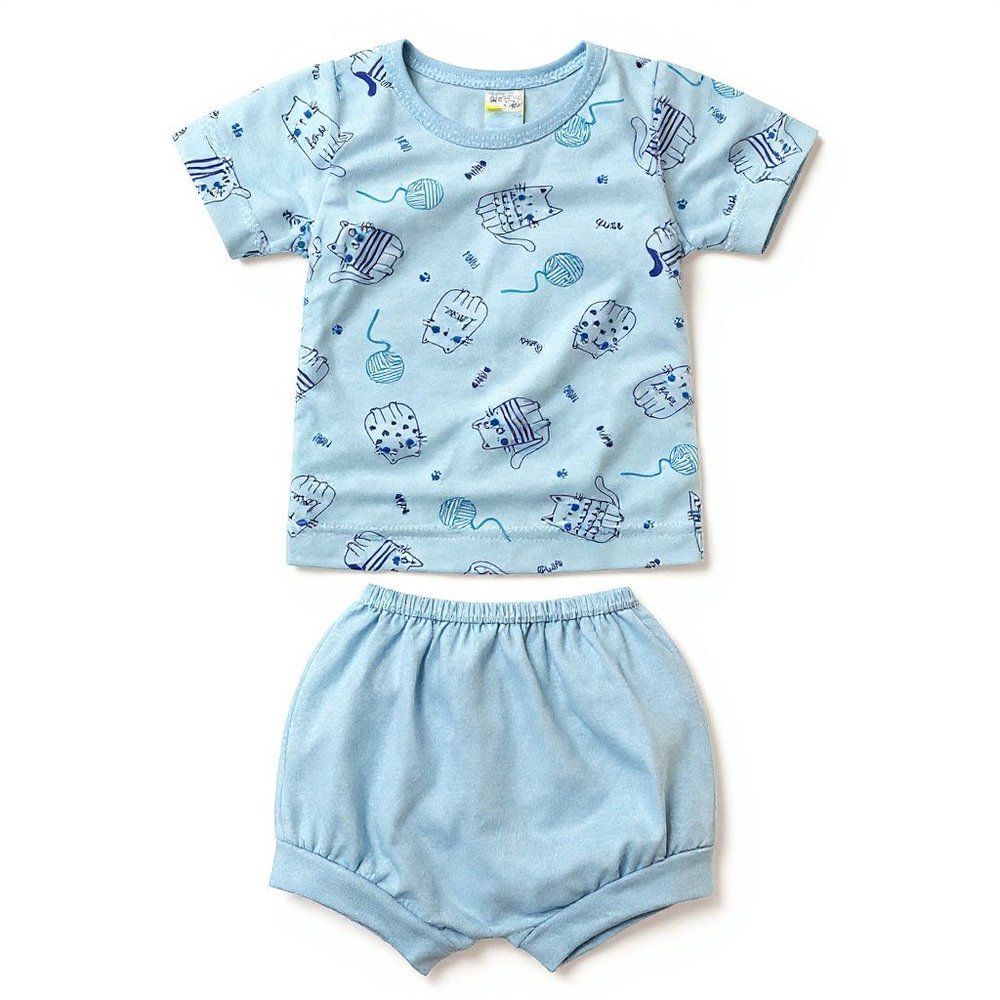 Pijama Bebê Curto Azul Gatinho Masculino Baratinha Tecido Malha - (P/M/G/1/2/3) em Oferta na Shopee