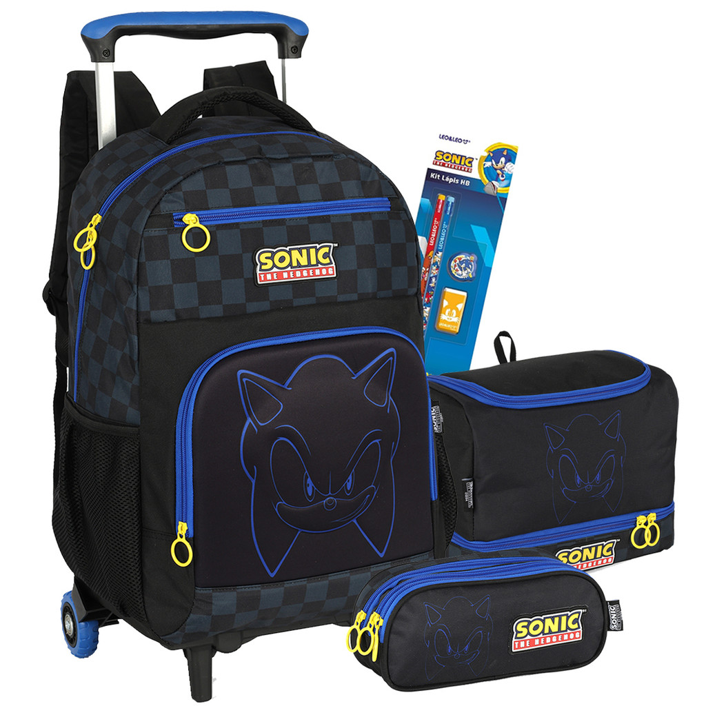 Kit Mochila escola com 3 Rodinhas Sonic + lancheira +estojo | Shopee Brasil