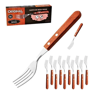 Kit 12 Garfo De Mesa De Inox Cabo Madeira Marrom Wood em Oferta na Shopee