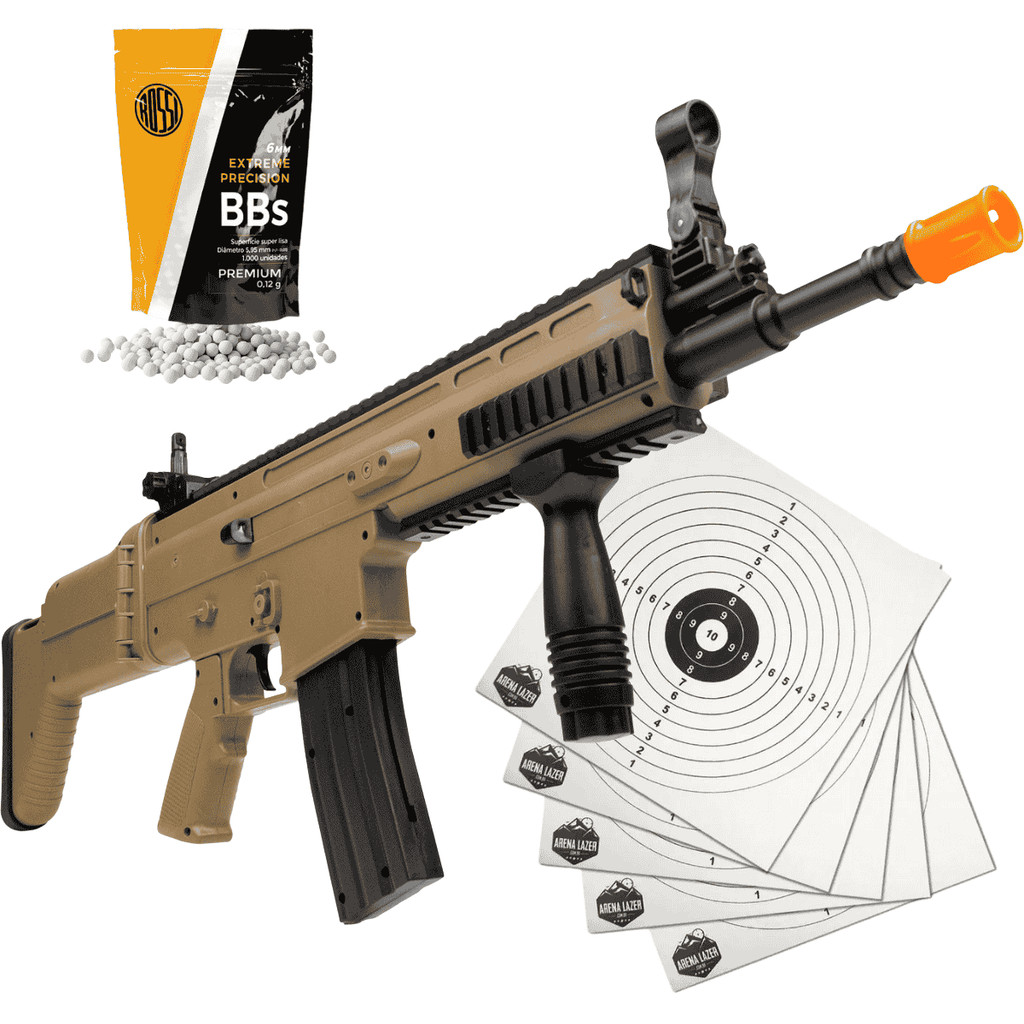Kit Rifle Airsoft SCAR L Tan Spring - C/ 1000 BBs 0.12g e 10 Alvos p ...