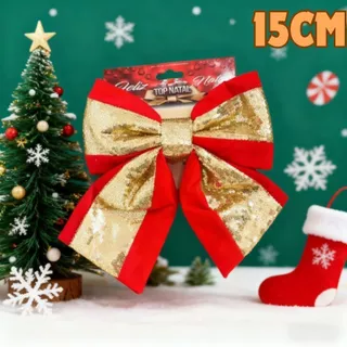 Laço Natalino 15Cm Vermelho E Dourado Luxo Elegante Para Árvore De Natal Decorativa em Oferta na Shopee