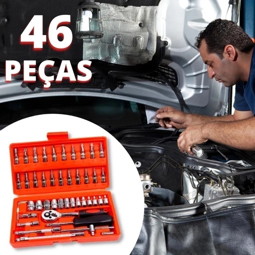 Kit De Ferramentas 46 Peças Jogo De Soquetes Chave Catraca Reversível Com Maleta Jogo De Ferramentas Completo