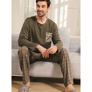 Conjunto de pijama xadrez Casual masculino, manga comprida, gola redonda, pijama confortável em Oferta na Shopee