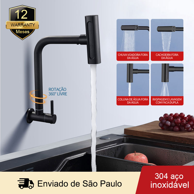 Torneira Gourmet Na parede Inox 304 Preto 360° Rotação com 4-Modos Água ...
