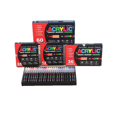 Kit 12/24/36/48/60 Caneta Marcadora Acrílica Líquida Direta, Pincel de Pintura, Pedra, Cerâmica, Glas, Madeira, Lona