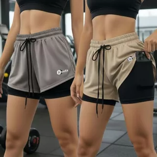 Kit 2 Shorts 2 Em 1 Feminino Dry Fit Com Forro Compressão Bolso Interno Academia Treino