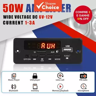 Amplificador DC 12V 50W Bluetooth 5.0 MP3 Player Placa Rádio FM TF USB 3.5mm Receptor De Módulo AUX em Oferta na Shopee