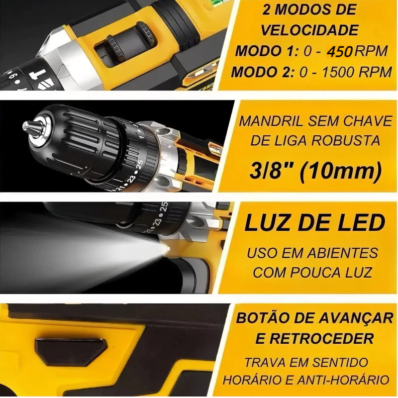 Parafusadeira Furadeira 21V 2 Baterias Com Maleta e Acessorios 24 peças