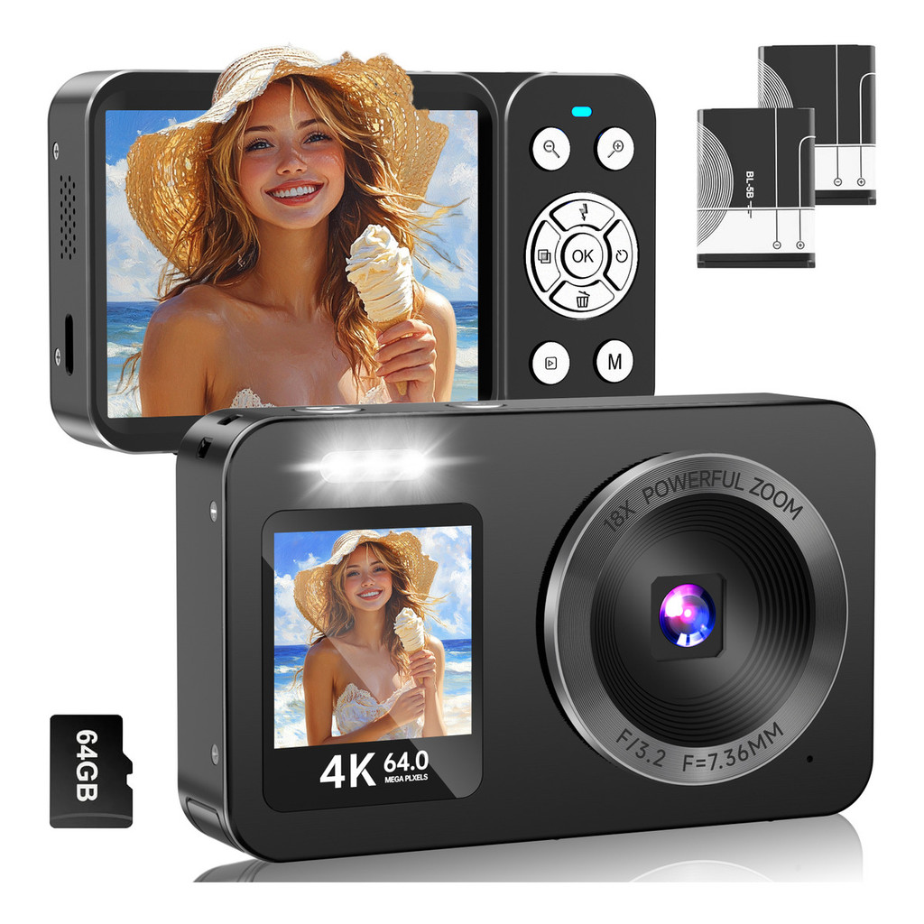 Câmera Digital 4K UHD de 64MP com Tela Dupla, Zoom de 18x