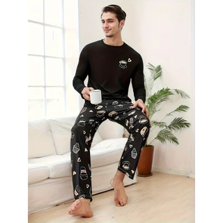 Conjunto de 2 peças de pijama masculino com estampa de copo preto de manga comprida conjunto de Loungewear Casual em Oferta na Shopee