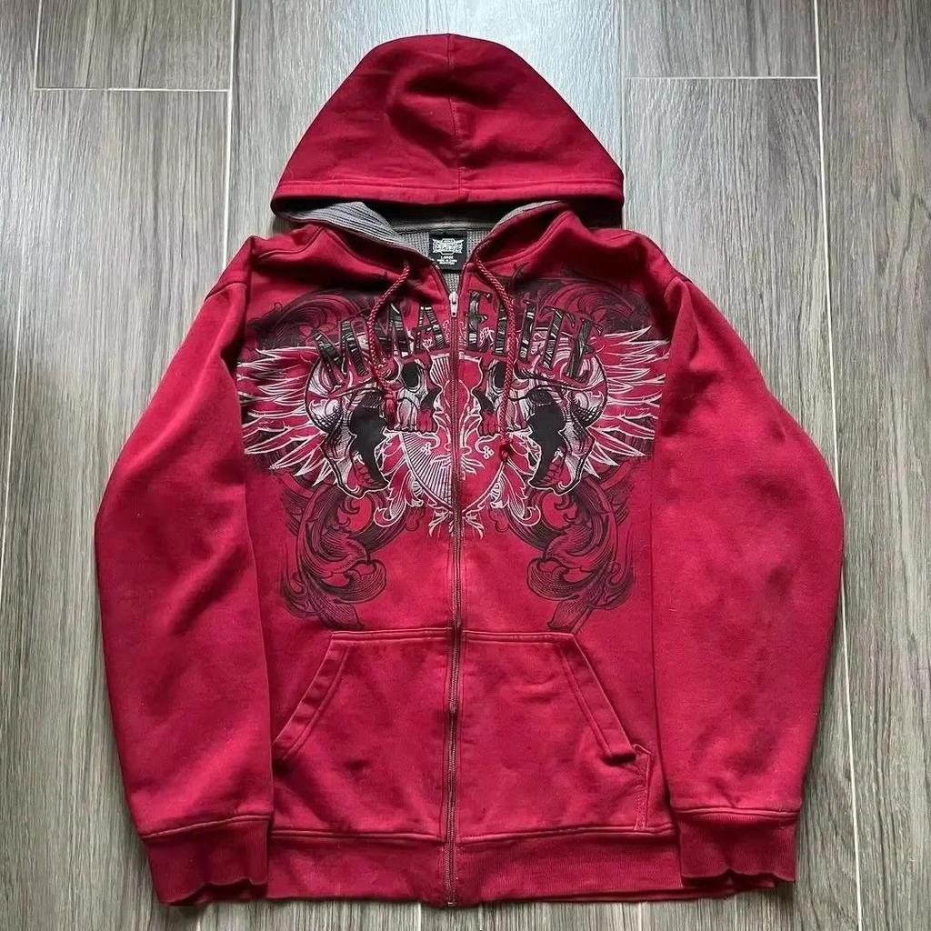 2000s Puro Algodão Vermelho Jaqueta Com Zíper Masculino Retro High