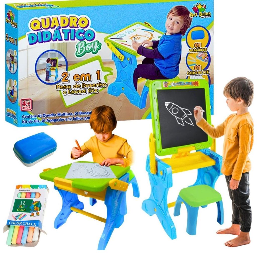 Lousa Mesa De Desenho Quadro Didático 2 Em 1 Com Banquinho E