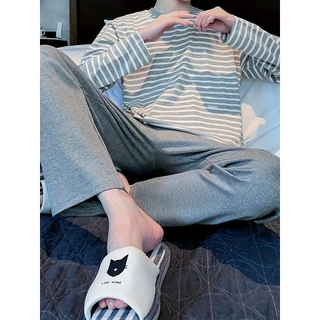 Conjunto de pijama masculino simples listrado em torno do pescoço de manga comprida e calças, pijama confortável estilo em Oferta na Shopee