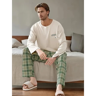 Conjunto de pijama masculino de 2 peças, xadrez simples e elegante, gola redonda, mangas compridas, ajuste solto, Lounge em Oferta na Shopee