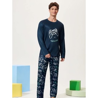 Conjunto de pijama masculino de duas peças com gola redonda e manga comprida em Oferta na Shopee