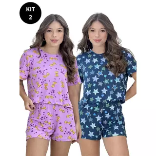 KIT C/ 2 Conjunto de Pijama Feminino Virginia Manga Curta e Short Canelado Estampado em Oferta na Shopee