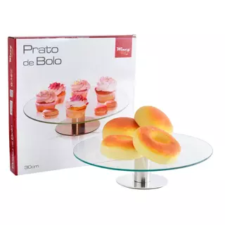 PRATO DE BOLO/DOCES 30CM INOX/VIDRO TRANSPARENTE em Oferta na Shopee