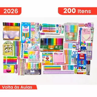 Kit Papelaria Canetas e Marca Textos 200 Itens Material Escolar Completo Volta às Aulas Ensino Médio Universitário