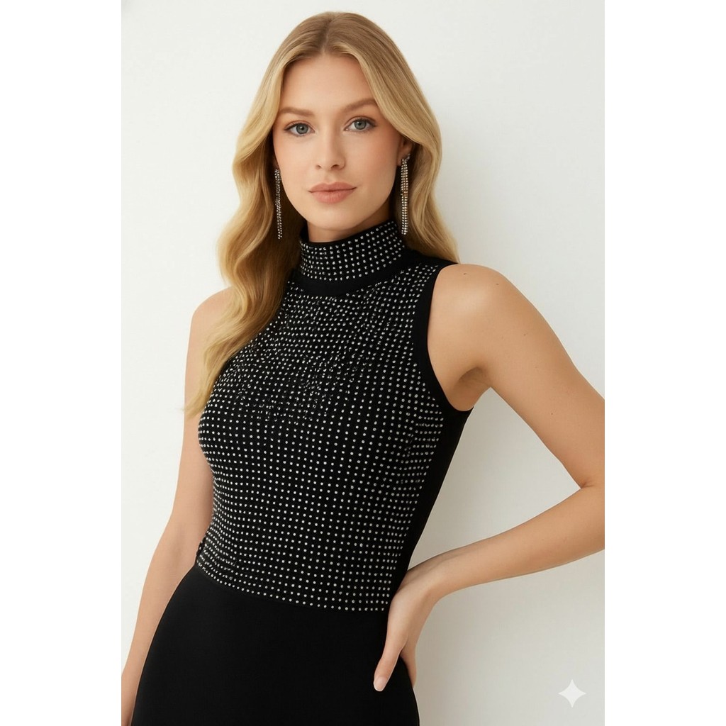 body feminino com brilho gola alta modelo manga cavada versátil ...