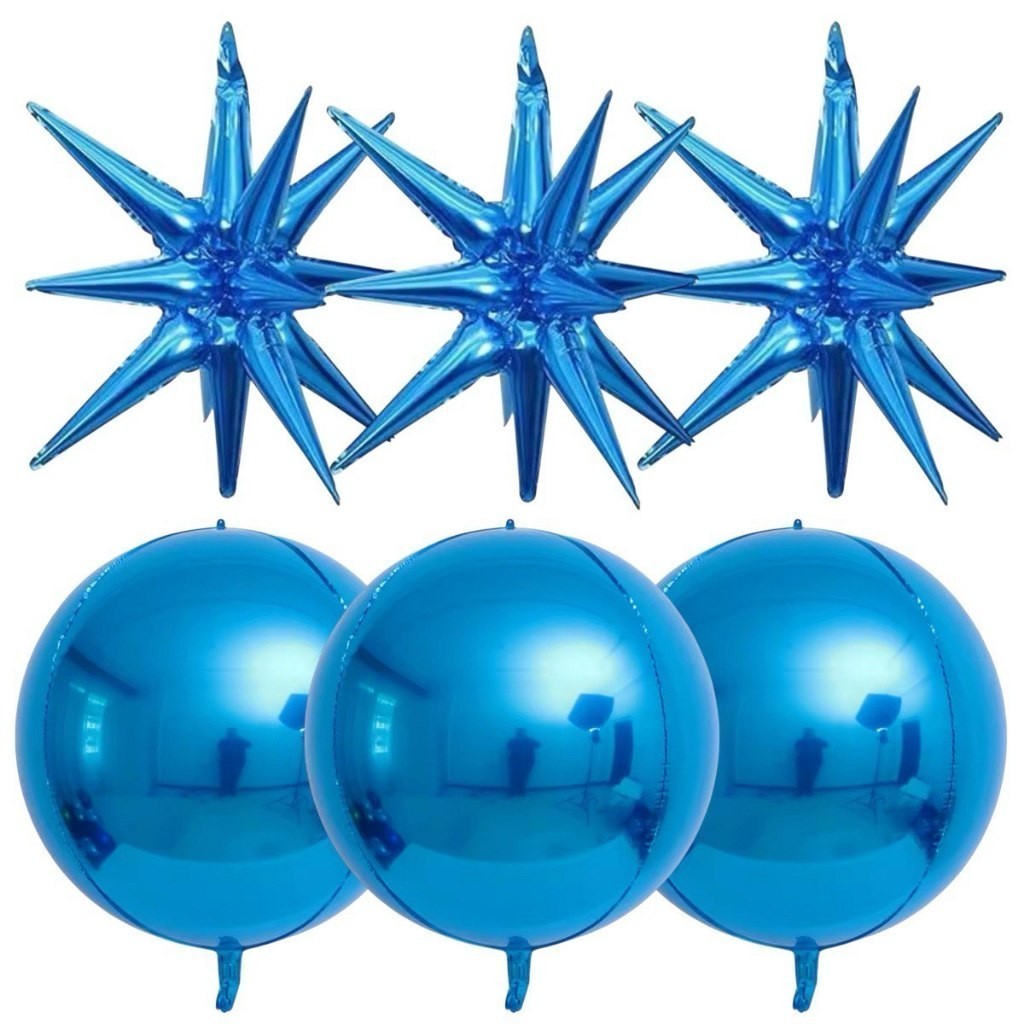 Kit / 6pcs 3 Balão Globo Orbis Azul 26*56 cm + 3 Estrela Sputnik Azul - Festa Decoração Enfeite
