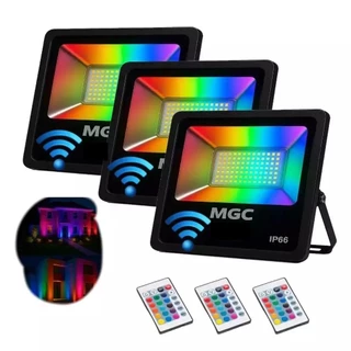 Kit Refletor Led 50w Holofote A Prova Dágua RGB Carcaça Preto 110V/220V (Bivolt) Com Controle Remoto