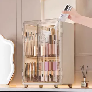 Organizador de Acrílico Transparente com 3 Estantes Amplas e 2 Portas – Ideal para Cosméticos e Escrivaninhas em Oferta na Shopee