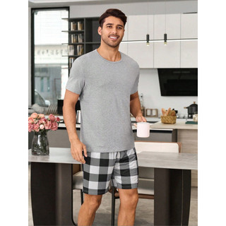 Conjunto de pijama masculino de manga curta com estampa xadrez de duas peças em Oferta na Shopee