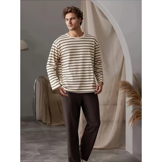 Conjunto de pijama listrado masculino - mangas compridas e calças confortáveis, pulôver com gola redonda em Oferta na Shopee