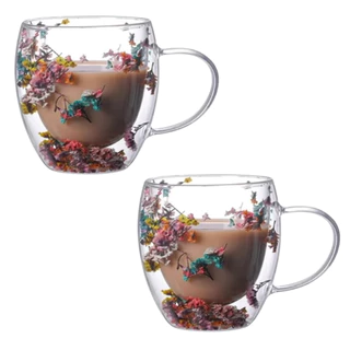 2 Xícaras De Vidro Parede Dupla Com Flor Seca Caneca 250ml
