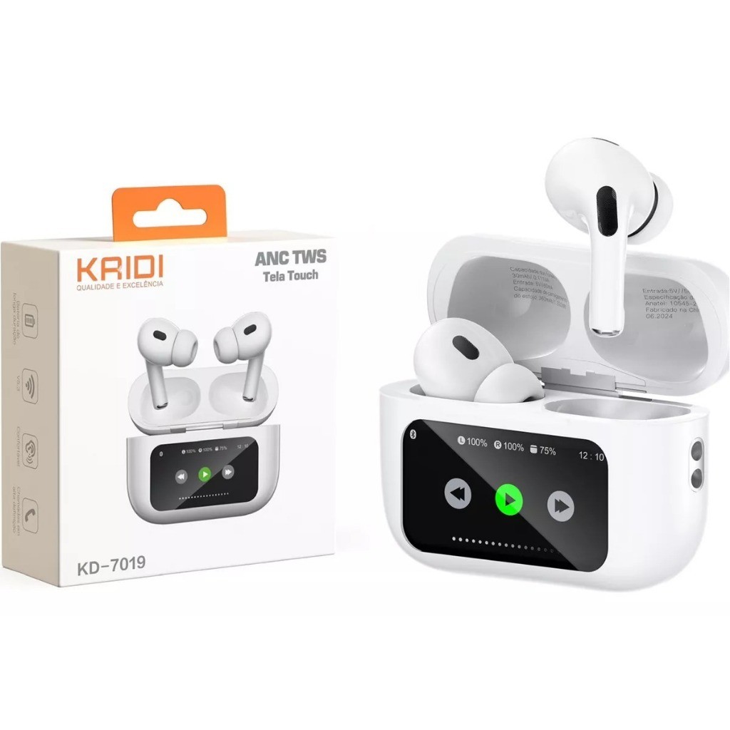 Fone De Ouvido ORIGINAL Bluetooth 5.3 TWS Com Tela Touch Kaidi KD-7019 (5 HORAS DE USO CONTÍNUO)