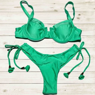 Biquíni Feminino Retro Meia Taça com Aro Calcinha Fio Duplo liso com bojo removível 4 cores Praia Verão 2024 em Oferta na Shopee