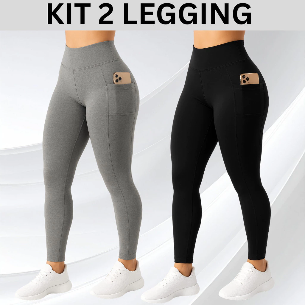 2 Calças Legging com Bolso Lateral Suplex Cós Alto Largo Academia Crossfit