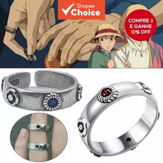  Howl's Moving Castle Anel de Prata Vintage Conjunto de 2, Decoração de Gema Azul e Vermelha, Presente de Anel de