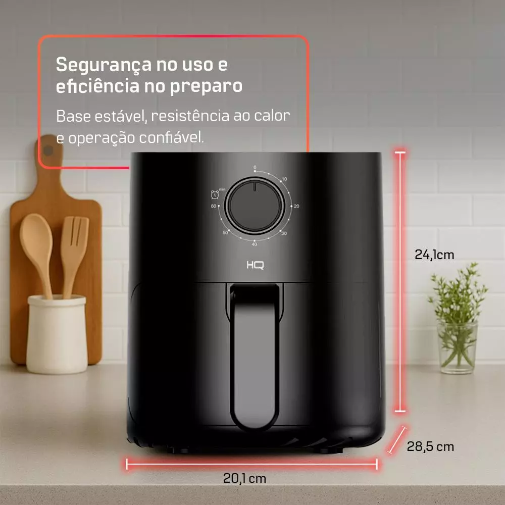 Fritadeira AirFryer HQ mostrando medidas de 24,1cm de altura e 20,1cm de largura