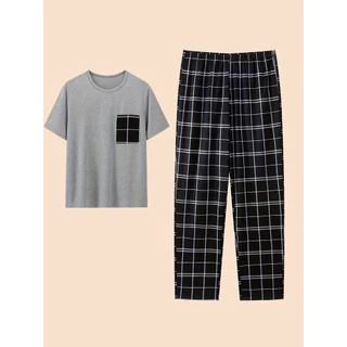 Conjunto de pijama masculino de manga curta, gola redonda, xadrez, calças de manga curta Paja em Oferta na Shopee