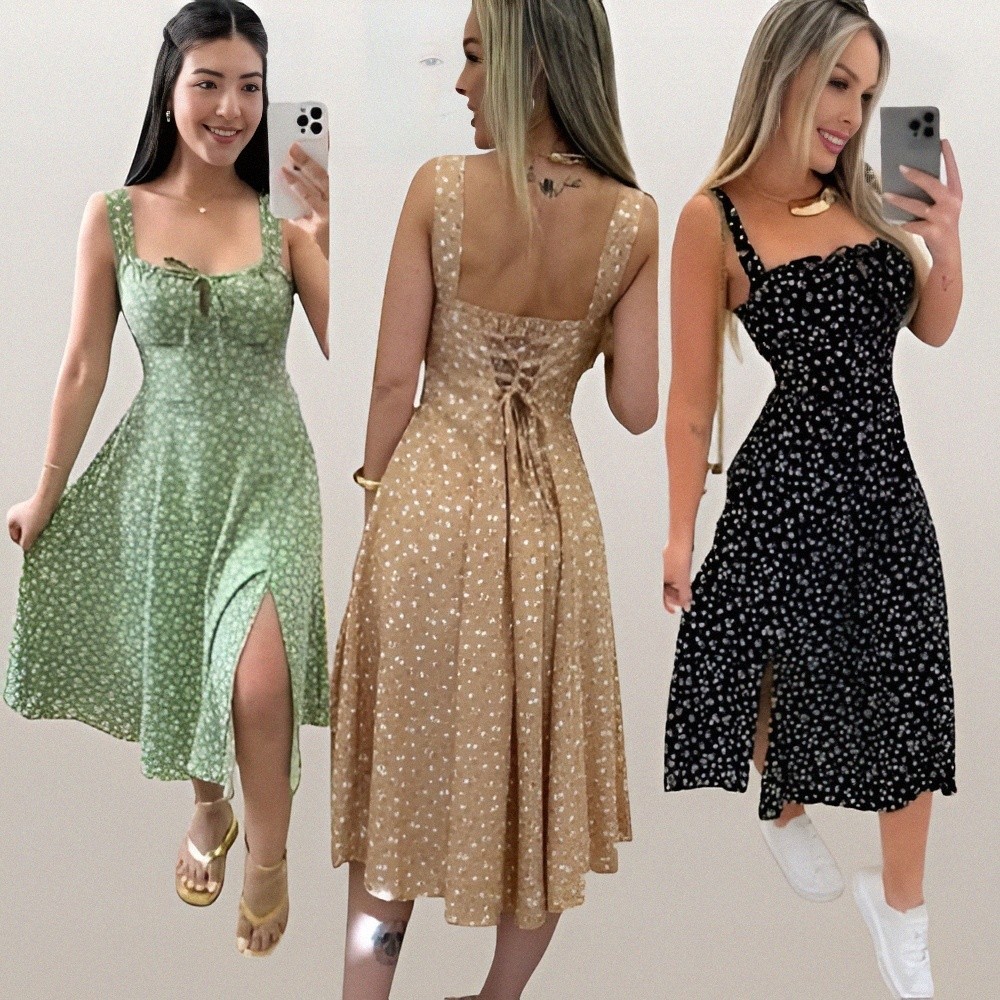 Vestido Feminino Mídi Estampa Floral Fenda lateral Laço no Busto | Moda Feminina