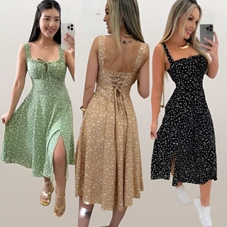 Vestido Feminino Mídi Estampa Floral Fenda lateral Laço no Busto | Moda Feminina