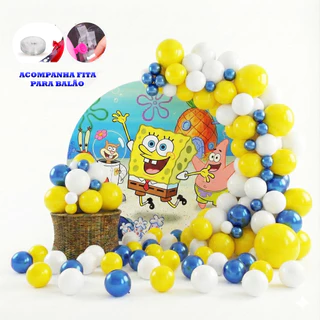 Kit 125 Balões Festa Bob Esponja Fita Arco - Balão Bexiga Liso/Cromado Para Aniversários