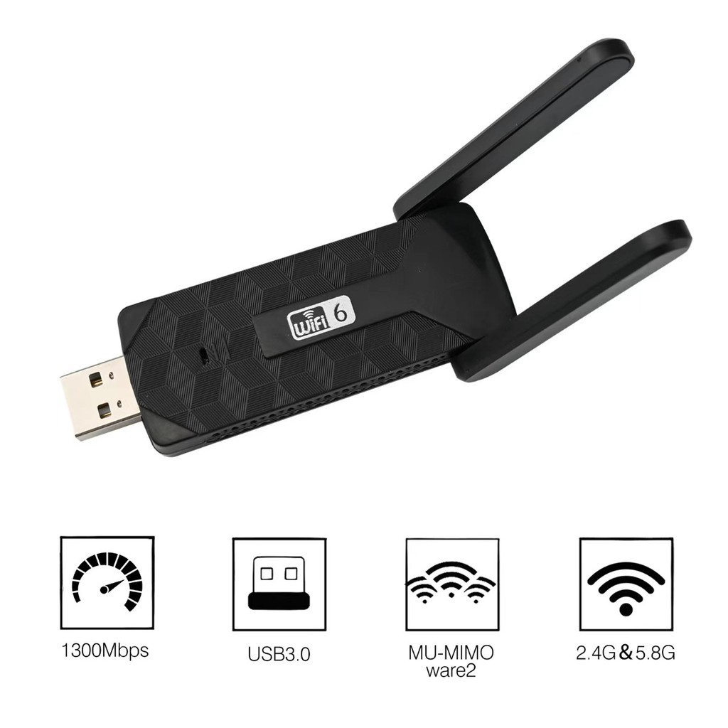 Adaptador Wi-Fi 6 USB 3.0 Dual Band 1300 Mbps com 2 Antenas, Preto