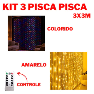 Kit 3 Caixas Pisca Pisca Cascata 3x3M Natalino Amarelo Colorido Fio Transparente Controle em Oferta na Shopee