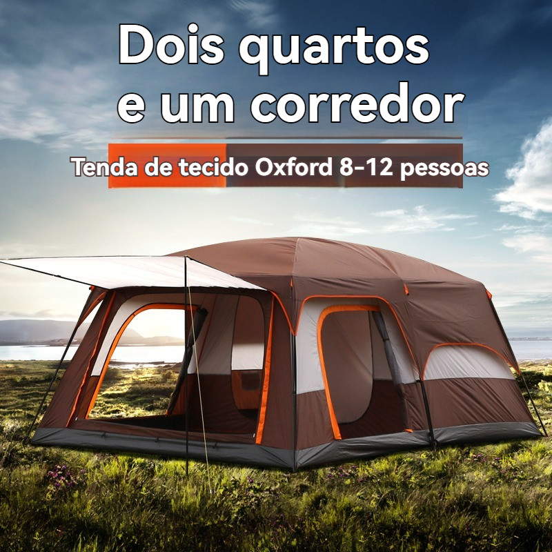 Barraca grande para camping ao ar livre com dois quartos e uma sala de ...