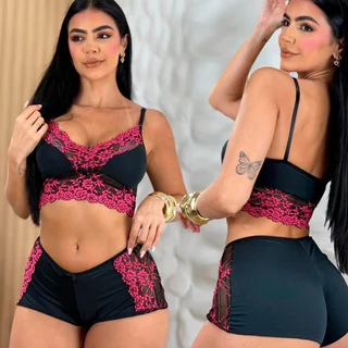 Conjunto De Baby Doll Bicolor Cropped Sensual em Oferta na Shopee