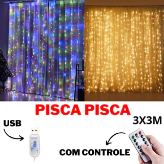Pisca-Pisca Cascata Cortina 3X3M USB Controle Colorido Amarelo Natalino Fio Transparente em Oferta na Shopee