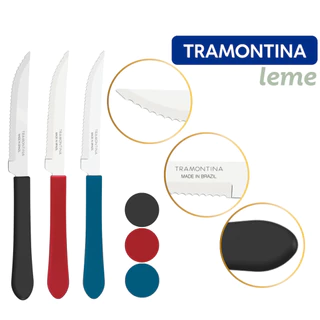 Kit Faca de Mesa Churrasco 4 6 12 Tramontina Leme Inox Cabo Preto, Azul e Vermelho